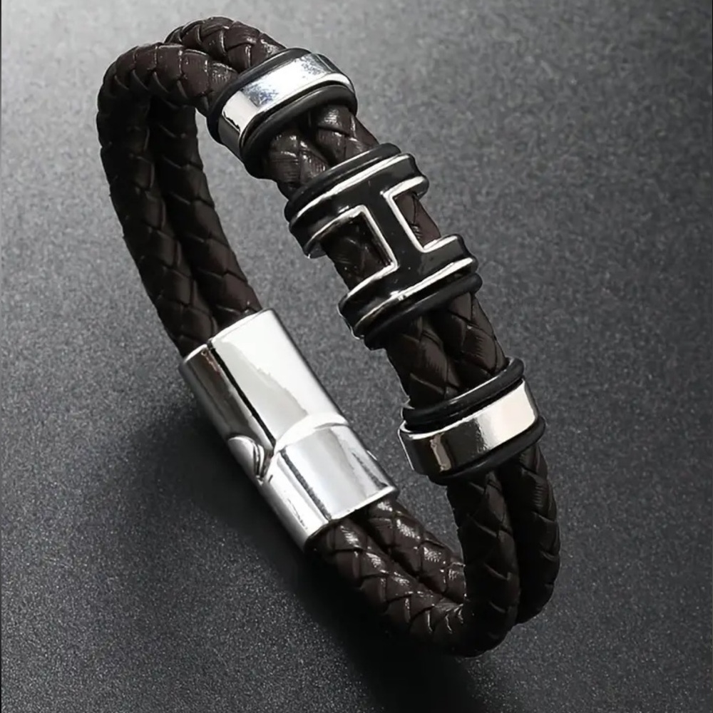 Men’s Cowhide Bracelet Braided ,SS Metal Accents, in Red Coffee, Magnetic Clasp